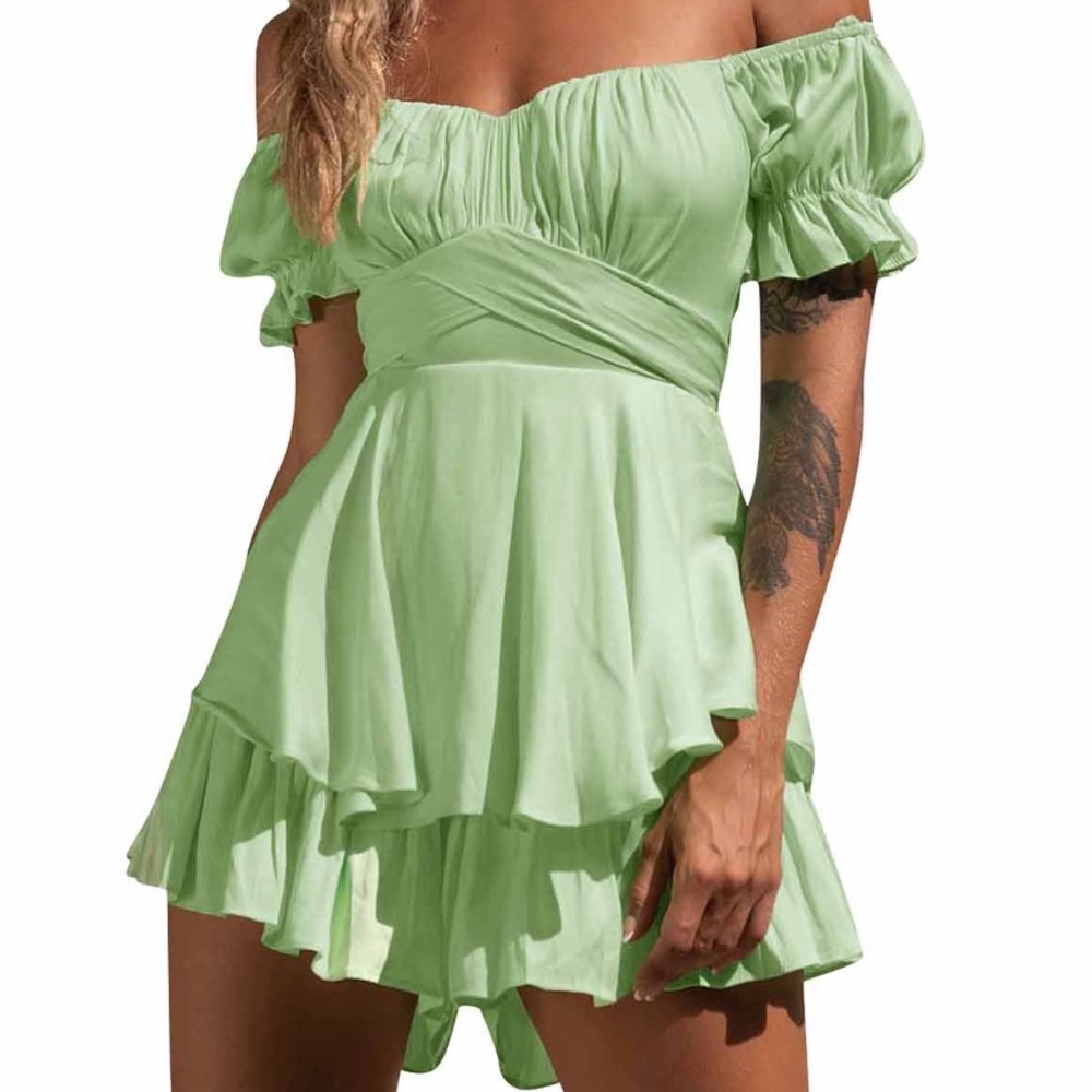 🖤Alrise Green Romper Dress - Light Green
